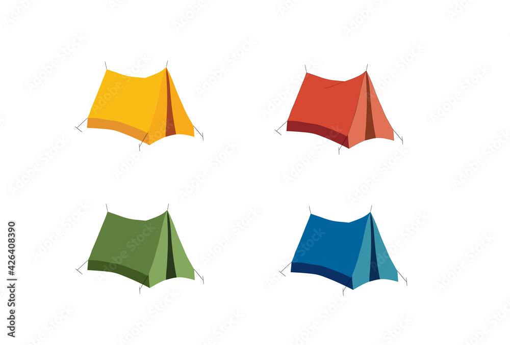 Blue, yellow, red and green set of tent. Colorful simple illustration isolated on white background. 