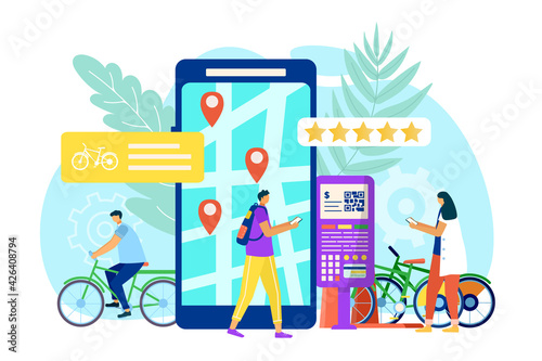 Bike sharing concept, city transport, vector illustration. Bicycle rental service mobile application. Ecological road trip, sporty lifestyle.