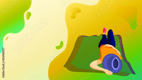 Image for the website a girl in a hat lies and rests on a carpet against a background of colorful circles