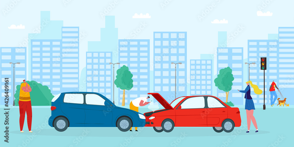 Road accident, car collision, vector illustration. Cartoon drivers broke transport, crash on street, damage machine. Emergency on road.