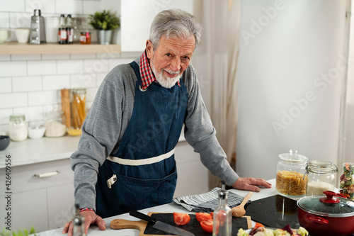 Senior man in kitchen. Happy smiling man cooking delicious food.