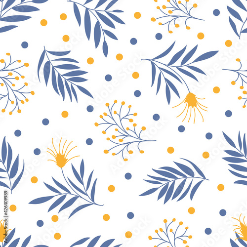 Seamless flat background with leaves and stylized flowers. The summer Botanical pattern. Vector illustration isolated on a white background. Web  packaging  paper  textiles  Wallpaper