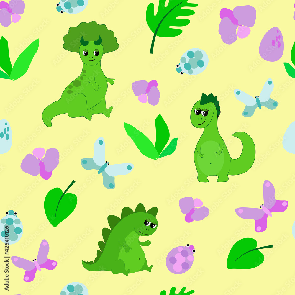 Obraz premium Seamless pattern with funny and happy dinosaurs, leaves, bugs, butterflies, orchid flowers on a yellow background. Charming characters for children's textiles, for wrappers.