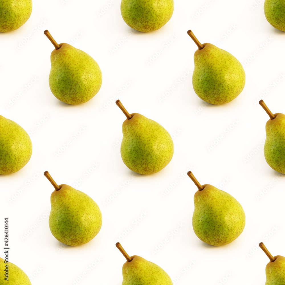 seamless pattern with ripe pear isolated on a white background, fruit background for a banner and printing on fabric and paper, green pear with a pod