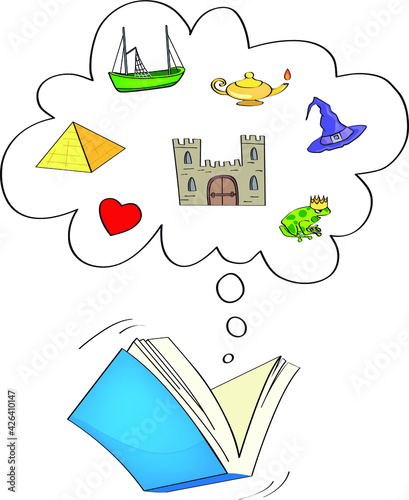 Un libro volador piensa en historias de castillos, brujas y aventuras