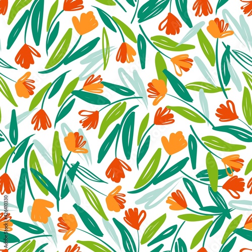 Seamless pattern with bright stylized flowers on a white background. Hand drawn botanical background.