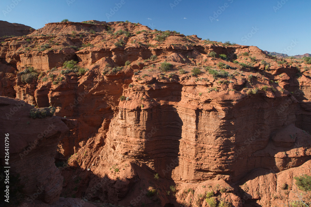 Arid landscape. View of the desert red canyon, orange sandstone cliffs and rocky mountains. 