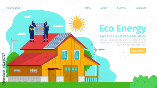 Eco energy, solar battery at house, vector illustration. Ecology power technology at building roof, landing banner concept. People worker character