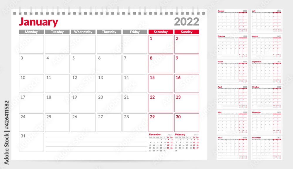 Calendar planner template 2022. Week start from Monday. Set of 12 Months. Ready for print. Vector Illustration