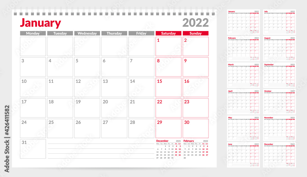 Calendar planner template 2022. Week start from Monday. Set of 12 Months. Ready for print. Vector Illustration Calendar planner template 2022. Week start from Monday. Set of 12 Months. Ready for print. Vector Illustration