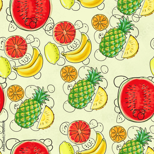 Hand drawn seamless pattern. Summer background with exotic fruits.