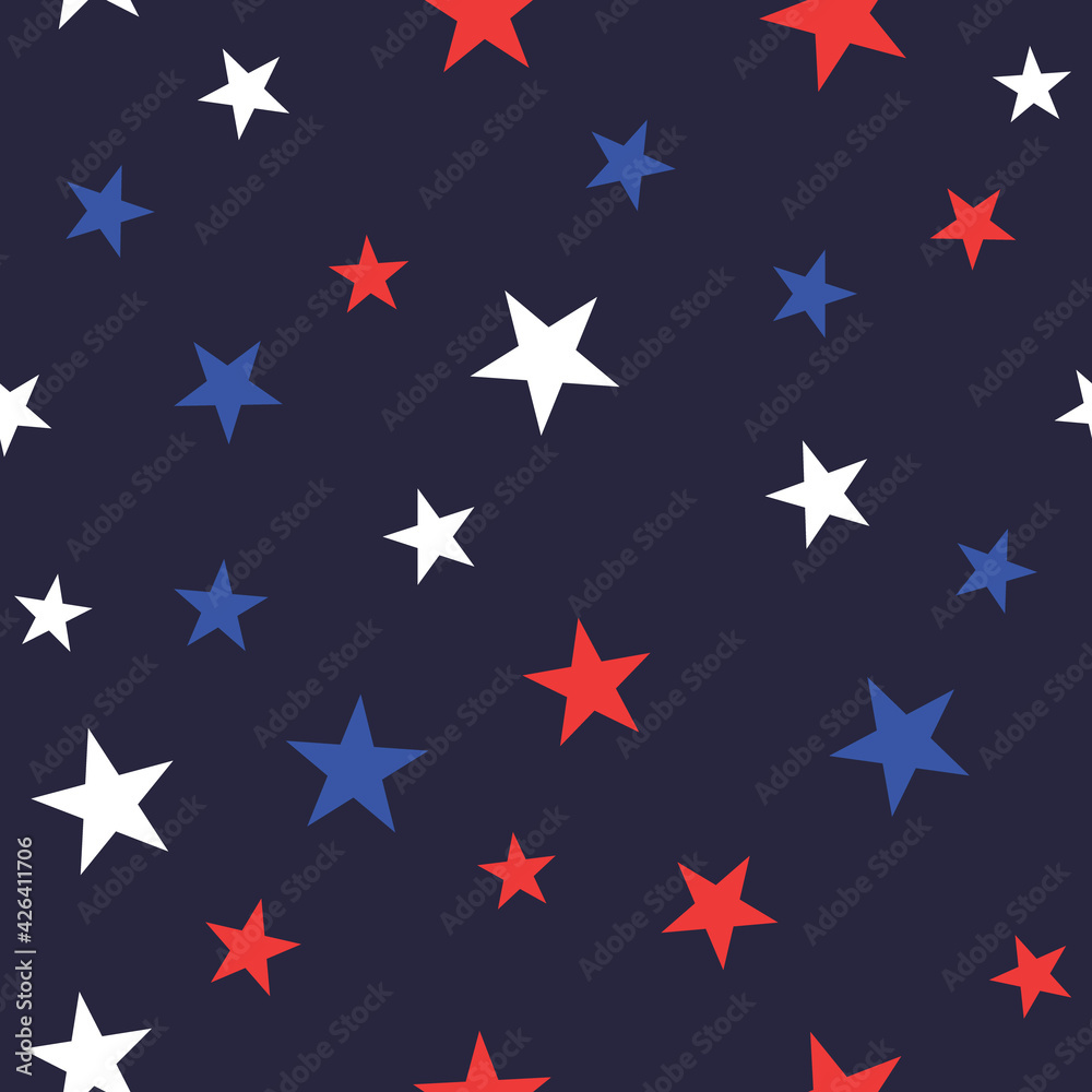 White, Red and Blue Stars with Dots Seamless Pattern