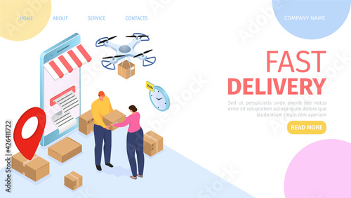 Fast delivery service, web page, vector illustration. Order food online with mobile application, courier deliver package from huge smartphone