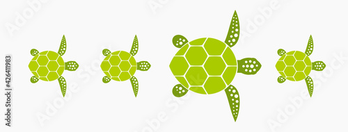Green turtles family. Swimming turtles isolated. Vector illustraiton.