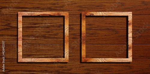 zwei quadratische Bilderrahmen vor einem Holzhintergrund