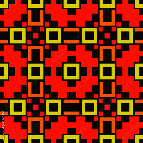 Red and yellow colors pixels ornament. Cector same yellow squares.