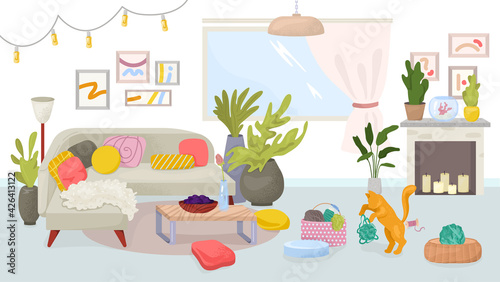 Home interior, flat cozy apartment with modern furniture, vector illustration...