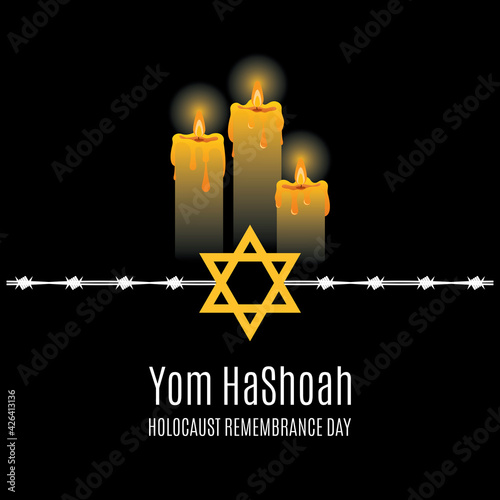 Yom HaShoah, Holocaust Remembrance Day vector. Jewish star with barbed wire and burning candles on a black background. Annual Jewish Remembrance Day for Victims of the Holocaust. Important day