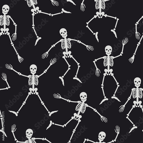 Seamless pattern with skeletons. Vector Halloween background. Skeletons in various poses.