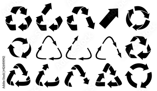 Set of vector recycling, upcycling and downcycling signs, isolated icons on white background. Black reuse symbols for ecological design, marking, product labeling. Zero waste lifestyle