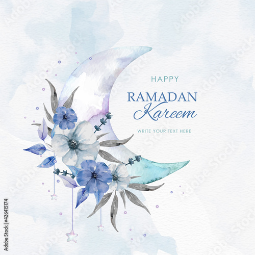 Ramadan Kareem with moon and flowers purple