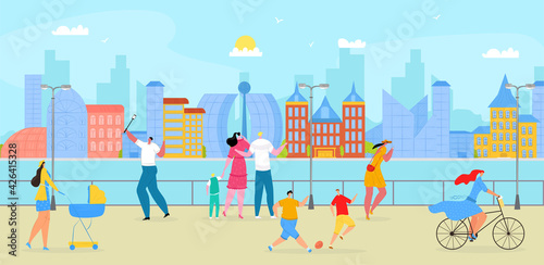Print op canvas Walking people at embankment city, vector illustration