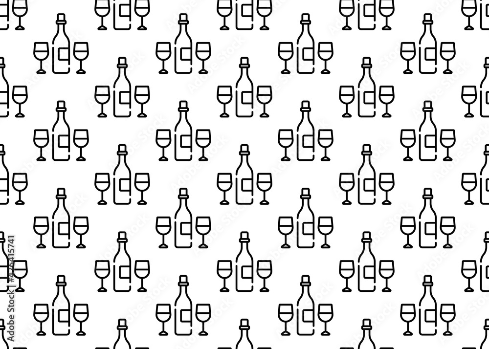 Wine bottle and glasses. Seamless background. For the design of gift paper. Wine bottle and glasses. Seamless background. For the design of gift paper.