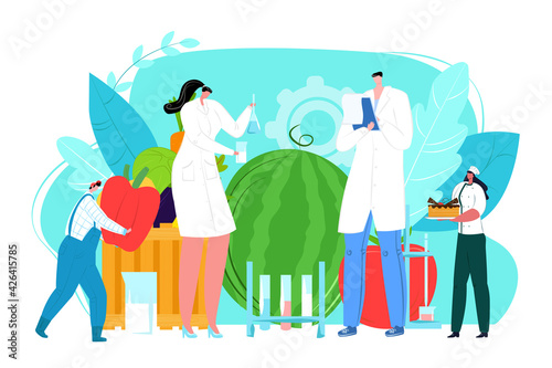 Product certification point, market protection concept, vector illustration. Man woman scientist character check requirement for hazard bacteria.