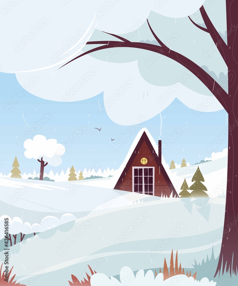 Beautiful landscape. A forest house in the middle of a thicket. Cartoon style. Banner. Winter season in the forest. Vector graphics.