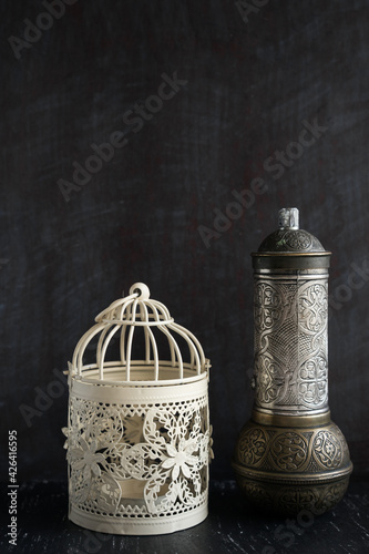 Traditional Turkish coffee and concept. vintage coffee grinder on a dark background.