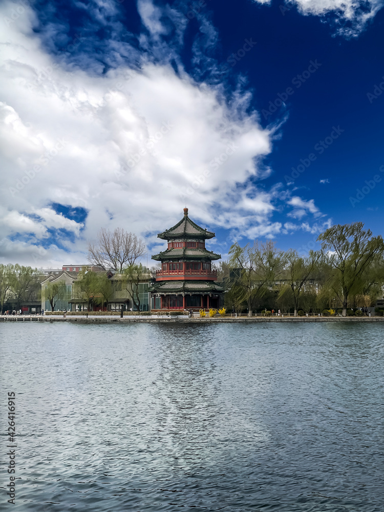 Fototapeta premium Pagoda building at Houhai Imperial Lake in Beijing, China