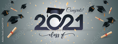 Class of 2021 typography lettering. Poster with golden glitter confetti. Congratulations graduates line design gold black cap white isolated background banner.