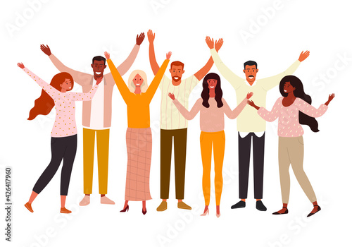 Flat vector cartoon illustration of a group of people standing next to each other with their hands raised. Happiness and friendship. Fun and celebration of success. White background.