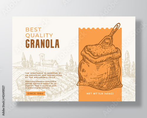 Granola Cereal Label Template. Oatmeal Abstract Vector Packaging Design Layout. Modern Typography Banner with Hand Drawn Grain Sack with Scoop and Rural Landscape Background. Isolated