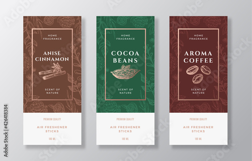 Home Fragrance Vector Label Templates Set. Hand Drawn Sketch Cinnamon, Coffee, Cocoa Beans and Flowers Background with Typography. Room Perfume Packaging Design Layout. Realistic Mockup. Isolated