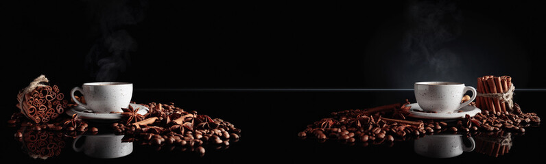Acrylglasbilder Kaffee und Kaffeebohnen Black coffee in a white cup with coffee beans, cinnamon sticks, and star anise.  © Igor Normann