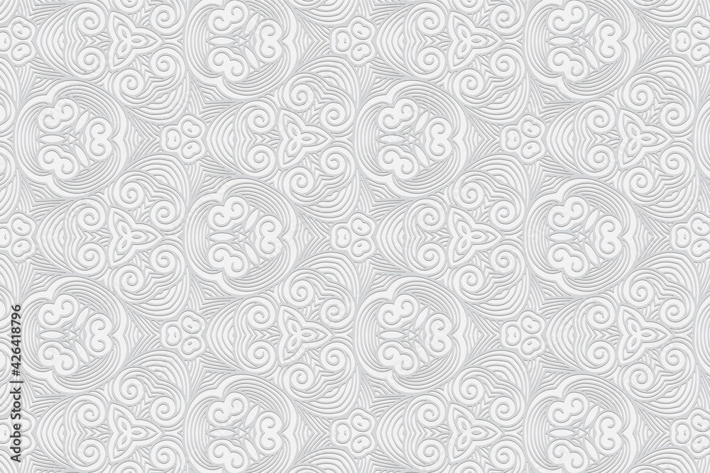 Geometric volumetric convex white background. Ethnic African, Mexican, Indian motives. 3d embossed abstract pattern.Trendy craft style.