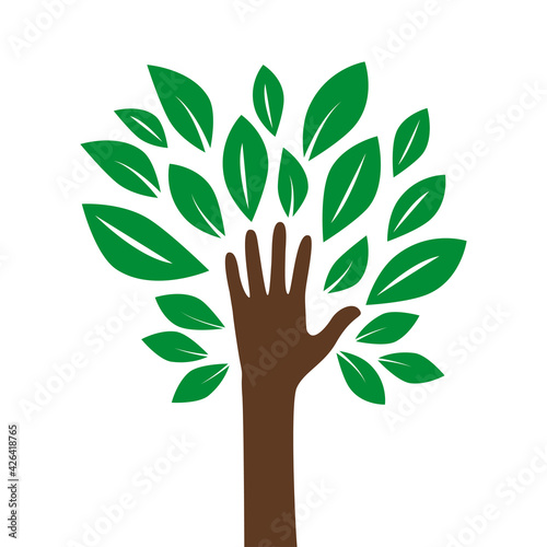 Illustration of a hand forming a tree with leaves helping nature. Dispose of, save the earth or stop the concept of global warming represented by the green sign. Isolated on white.Vector