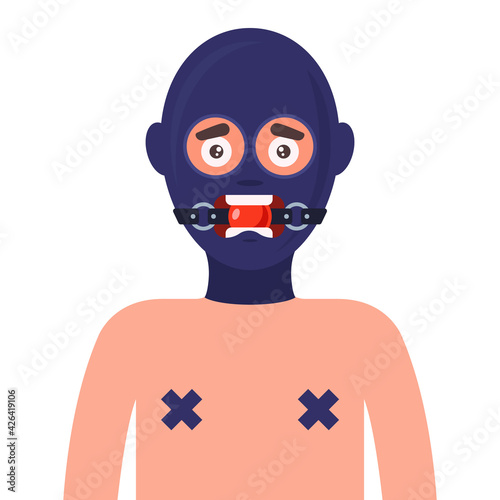 sex slave in latex mask and gagged. flat vector illustration of bdsm personnel.