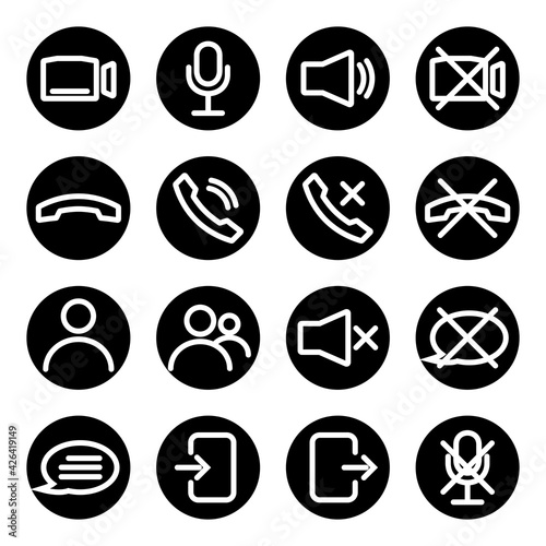 Webinar stream or video chat control icons. Speaker, microphone, video camera, phone, record and other related icons. Basic icons for Video Conference, Webinar and Video chat