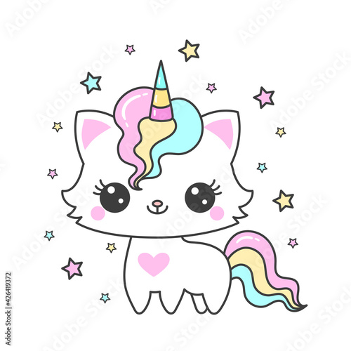 Cute cartoon cat unicorn and stars. Children's design. Vector