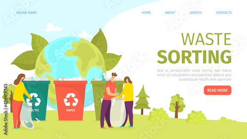 Waste sorting, garbage container with recycling sign, landing page, vector il...