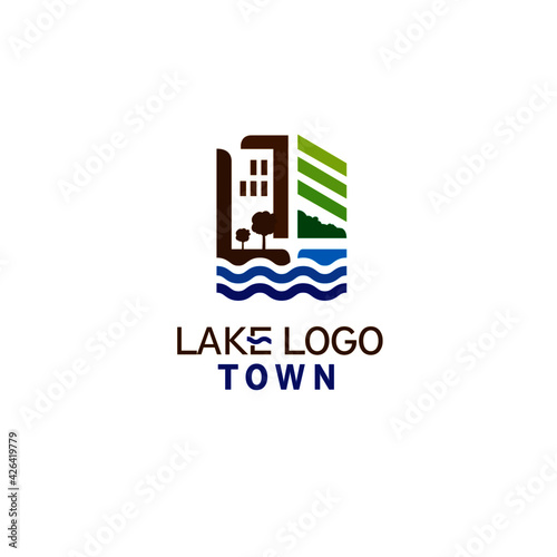 Lake town vector logo . Urban building