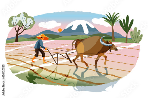 Asian farmer plowing with bull in agriculture field. Farm with Chinese, Vietnamese, Indian or Indonesian worker and ox working vector illustration. Man with crops in field