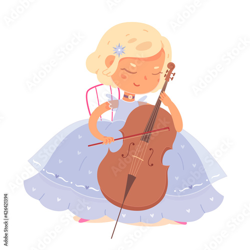 Kid musician playing music on cello. Little girl in dress sitting on stage vector illustration. Cute child performing with musical instrument in competition isolated on white background