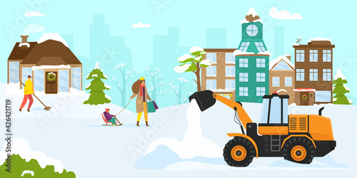 Snow clearance machine equipment, vector illustration. Transport cleaning street from snow, snow plow truck for removal work at urban road.