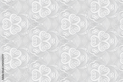 Fototapeta Naklejka Na Ścianę i Meble -  Geometric volumetric convex white background. Ethnic African, Mexican, Indian motives. 3d embossed decorative pattern.Trendy craft style for presentations. 