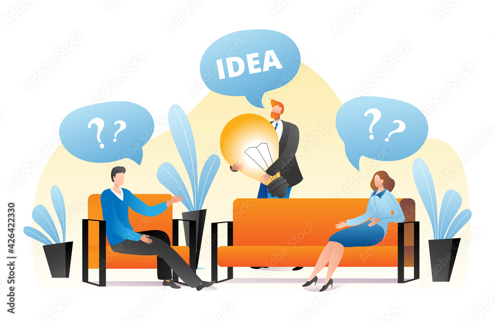 Questions and business idea concept, vector illustration. Man woman people character have communication, worker person hold big lamp Questions and business idea concept, vector illustration. Man woman people character have communication, worker person hold big lamp