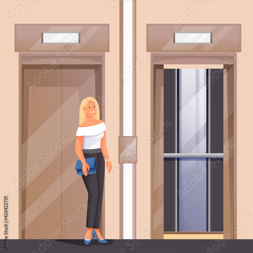 Woman waiting for elevator scene. Young happy girl standing near lift in house, office or hotel building vector illustration. Luxury room interior design for employees or guests