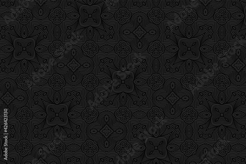 Geometric volumetric convex black background. Ethnic African, Mexican, Indian motives. 3d embossed national colorful pattern.Trendy craft style for wallpaper. 